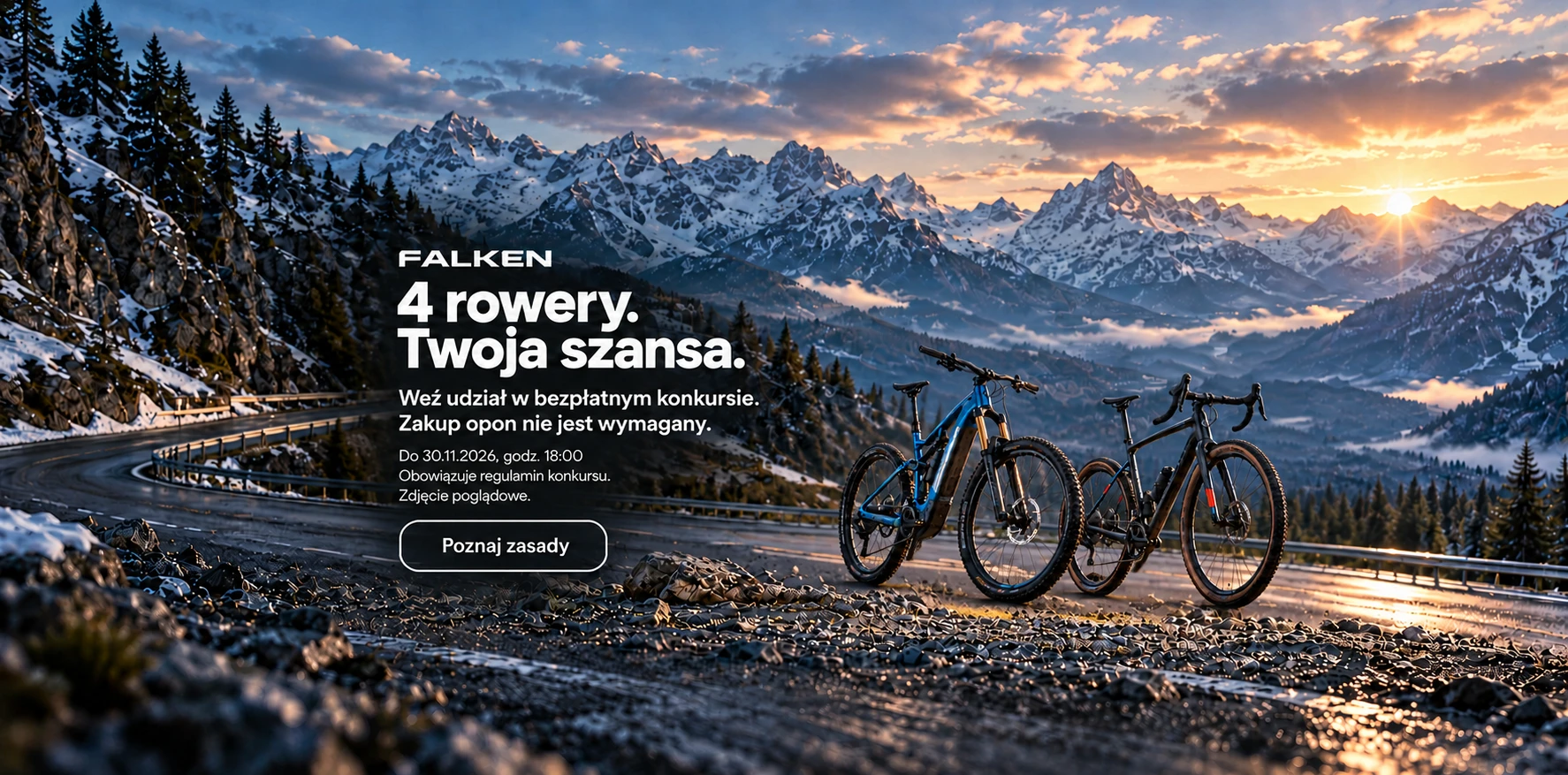 FALKEN 4 rowery. Twoja szansa. Weź udział w bezpłatnym konkursie. Zakup opon nie jest wymagany. Do 30.11.2026, godz. 18:00 · Obowiązuje regulamin konkursu.